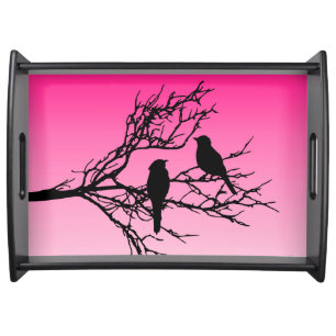 Birds on a Branch, Black Against Dawn Pink Serving Tray