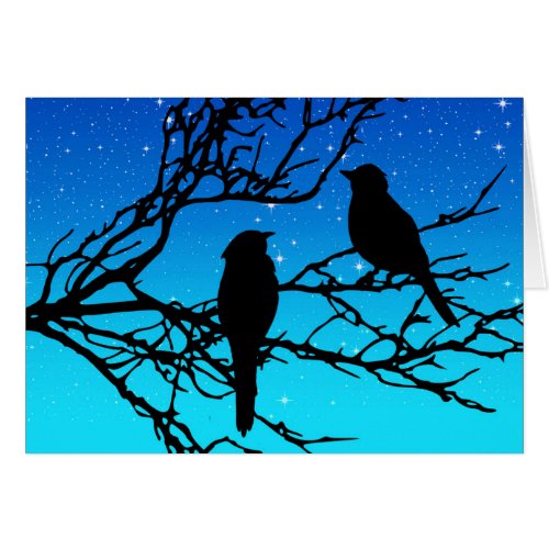Birds on a Branch Black Against Evening Blue