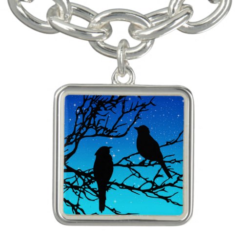 Birds on a Branch Black Against Evening Blue Bracelet