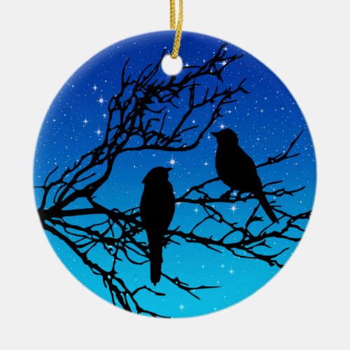 Birds on a Branch Black Against Evening Blue Ceramic Ornament