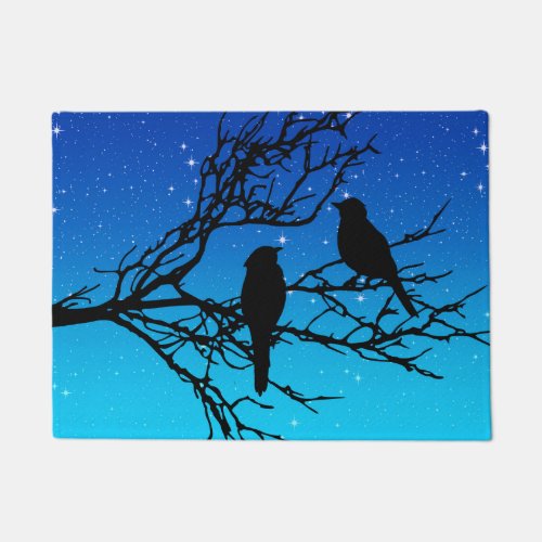 Birds on a Branch Black Against Evening Blue Doormat