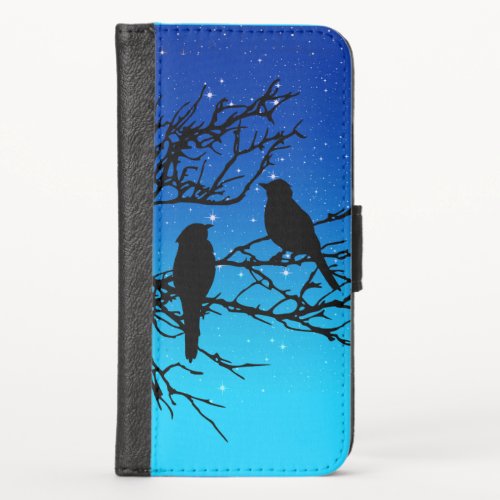 Birds on a Branch Black Against Evening Blue iPhone XS Wallet Case