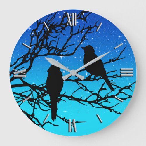 Birds on a Branch Black Against Evening Blue Large Clock