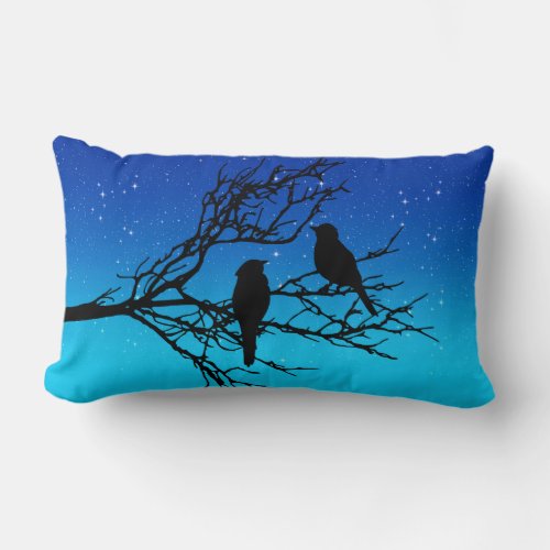 Birds on a Branch Black Against Evening Blue Lumbar Pillow