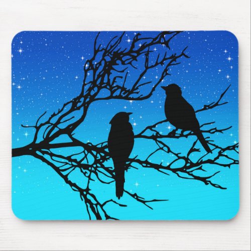 Birds on a Branch Black Against Evening Blue Mouse Pad