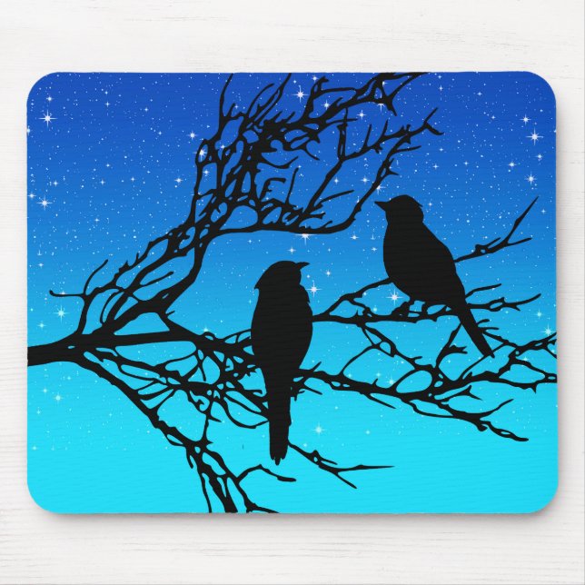 Birds on a Branch, Black Against Evening Blue Mouse Pad (Front)