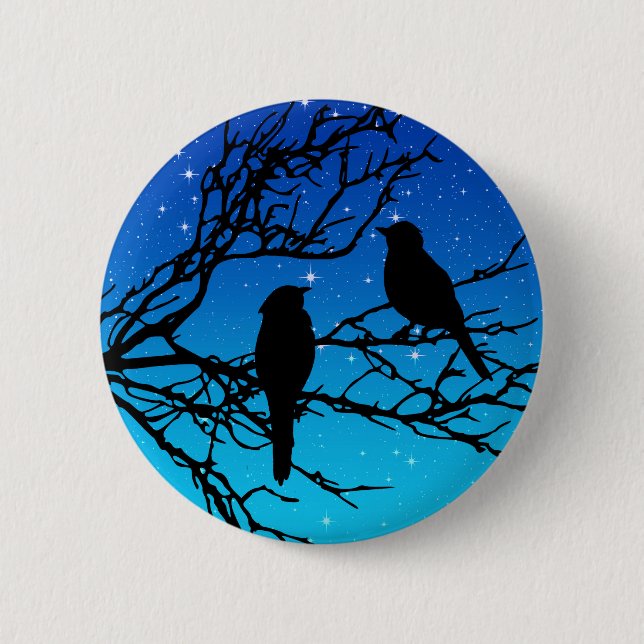 Birds on a Branch, Black Against Evening Blue Pinback Button (Front)