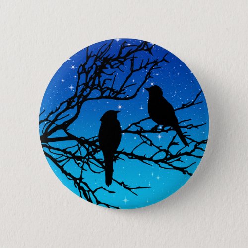 Birds on a Branch Black Against Evening Blue Pinback Button