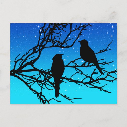 Birds on a Branch Black Against Evening Blue Postcard