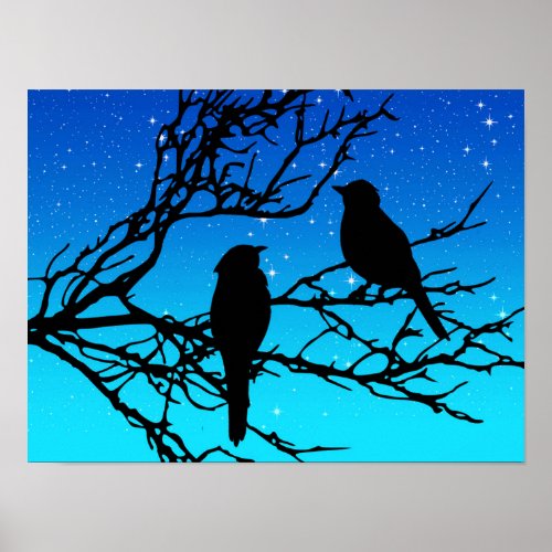 Birds on a Branch Black Against Evening Blue Poster
