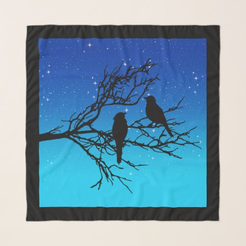 Birds on a Branch Black Against Evening Blue Scarf