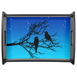 Birds on a Branch, Black Against Evening Blue Serving Tray