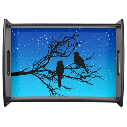Birds on a Branch Black Against Evening Blue Serving Tray