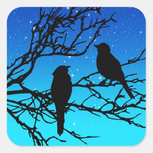 Birds on a Branch Black Against Evening Blue Square Sticker