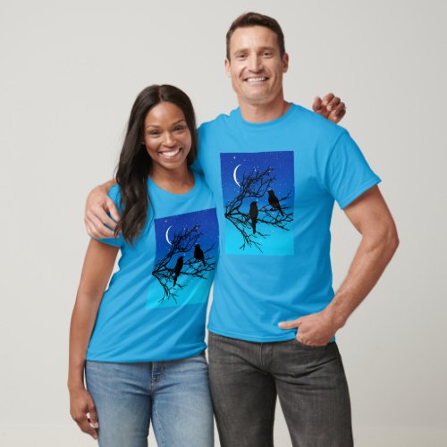 Birds on a Branch Black Against Evening Blue T_Shirt