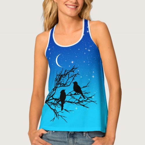 Birds on a Branch Black Against Evening Blue Tank Top