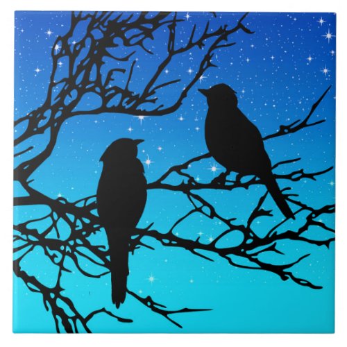 Birds on a Branch Black Against Evening Blue Tile
