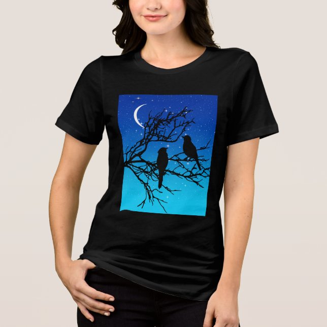 Birds on a Branch, Black Against Evening Blue Tri-Blend Shirt (Front)