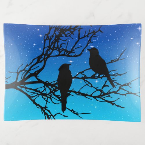 Birds on a Branch Black Against Evening Blue Trinket Tray