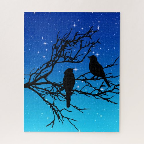 Birds on a Branch Black Against Evening Sky Jigsaw Puzzle