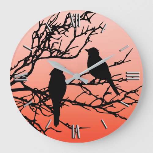 Birds on a Branch Black Against Sunset Orange Large Clock