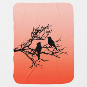 Birds on a Branch, Black Against Sunset Orange Stroller Blanket
