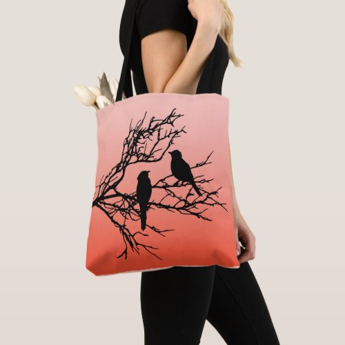 Birds on a Branch Black Against Sunset Orange Tot Tote Bag