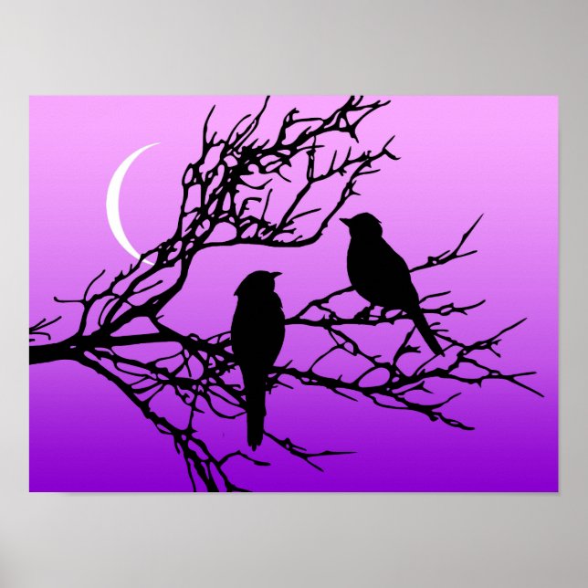 Birds on a Branch, Black Against Twilight Purple Poster (Front)