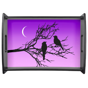 Birds on a Branch, Black Against Twilight Purple Serving Tray