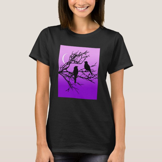 Birds on a Branch, Black Against Twilight Purple T-Shirt (Front)