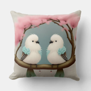 Birds on a Cherry Blossom Branch Throw Pillow