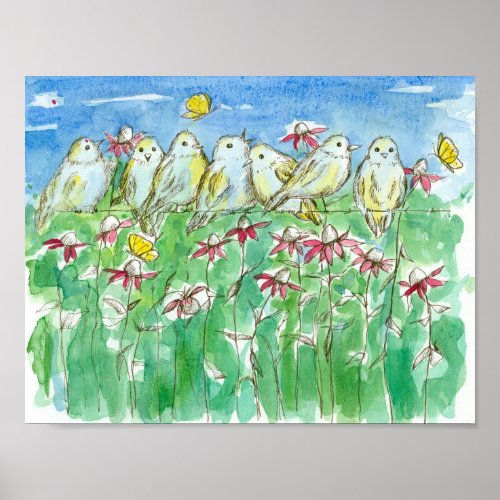 Birds On A Fence Wildflower Meadow Butterflies Poster