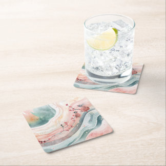 Birds on a Heart Branch  Square Paper Coaster
