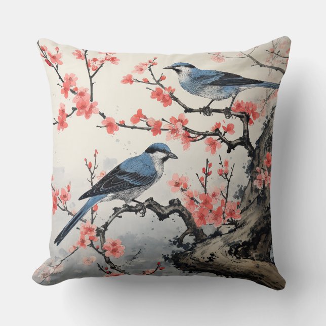 Birds on a Tree Branch Throw Pillow (Front)