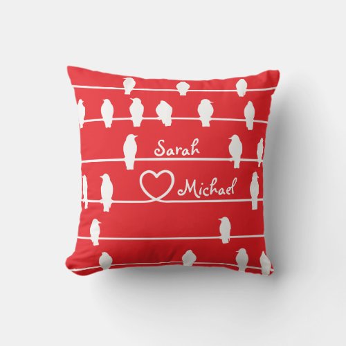Birds on a wire with a Romantic twist RED Throw Pillow