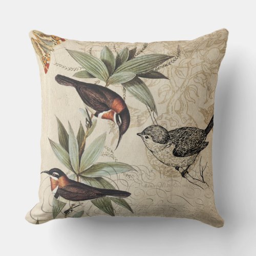 Birds on branch green foliage butterfly drawing throw pillow
