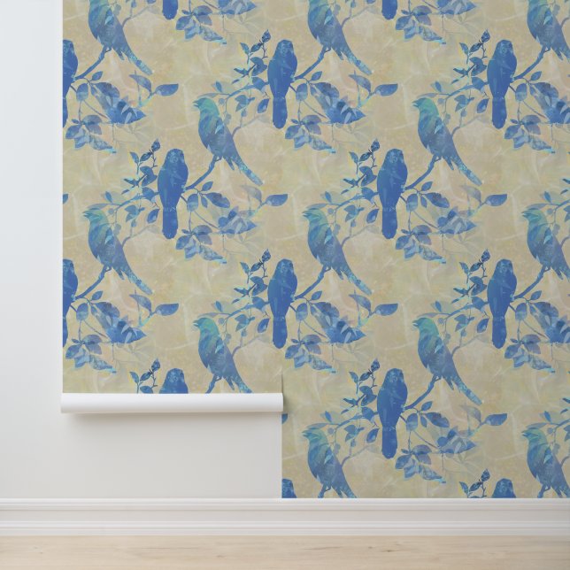 Birds on Branches and Leaves Ivory Blue Wallpaper Wallpaper (Application)