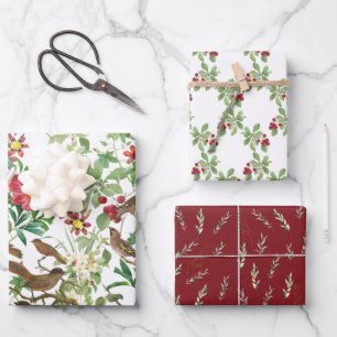 Birds on Branches, Berries and Leaves Assorted Wrapping Paper Sheets