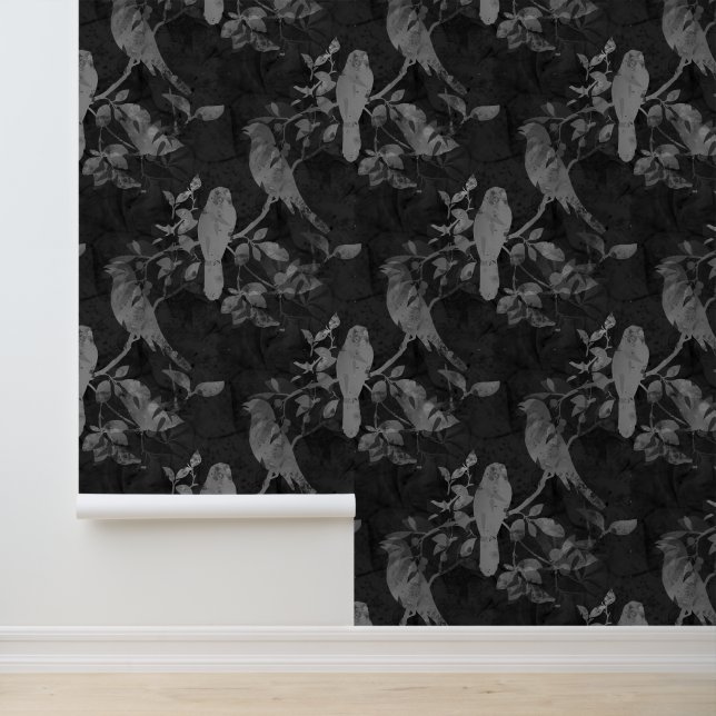 Birds on Branches Leaves Black Gray Wallpaper (Application)