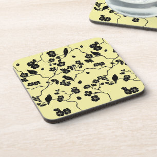 Birds on Cherry Blossoms Black on Lemon Yellow Beverage Coaster