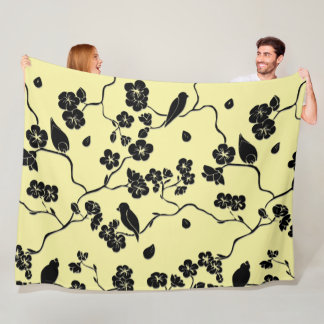 Birds on Cherry Blossoms Black on Lemon Yellow Fleece Blanket