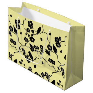 Birds on Cherry Blossoms Black on Lemon Yellow Large Gift Bag