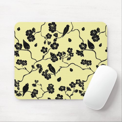 Birds on Cherry Blossoms Black on Lemon Yellow Pla Mouse Pad