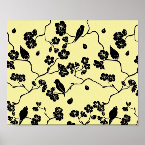 Birds on Cherry Blossoms Black on Lemon Yellow Poster