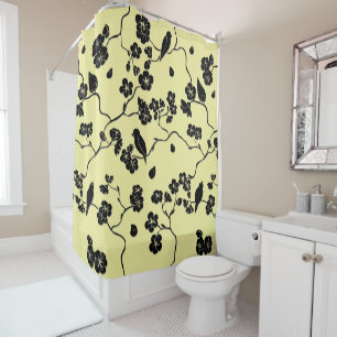 Birds on Cherry Blossoms Black on Lemon Yellow Shower Curtain