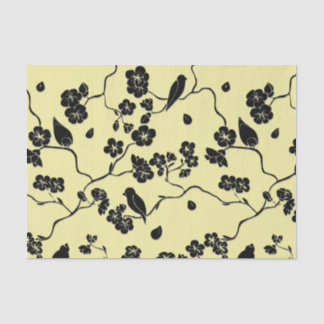 Birds on Cherry Blossoms Black on Lemon Yellow Tissue Paper