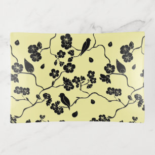 Birds on Cherry Blossoms Black on Lemon Yellow Trinket Tray