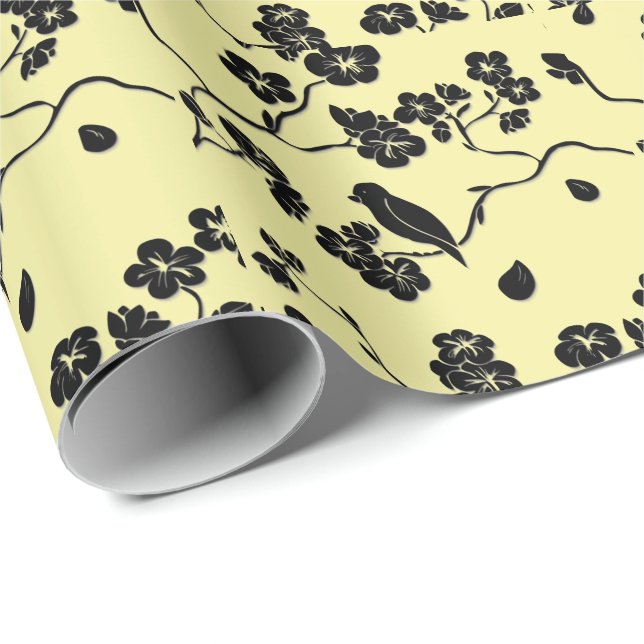 Birds on Cherry Blossoms Black on Lemon Yellow Wrapping Paper (Roll Corner)