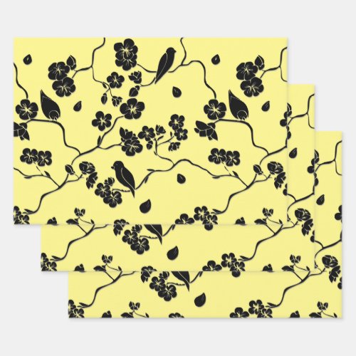 Birds on Cherry Blossoms Black on Lemon Yellow Wrapping Paper Sheets