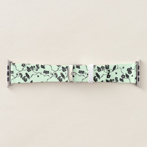 Birds on Cherry Blossoms Black on Mint Green Apple Watch Band